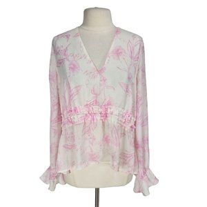 EXPRESS Womens Peplum Blouse Size XL Pink White Floral Sheer Bell Long SLV  174P